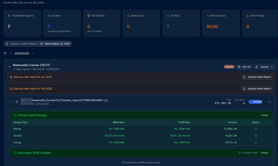 Verifyt Layer 1 dashboard. Meter readings on the meter report, checked line by line against the rates the municipality publishes.